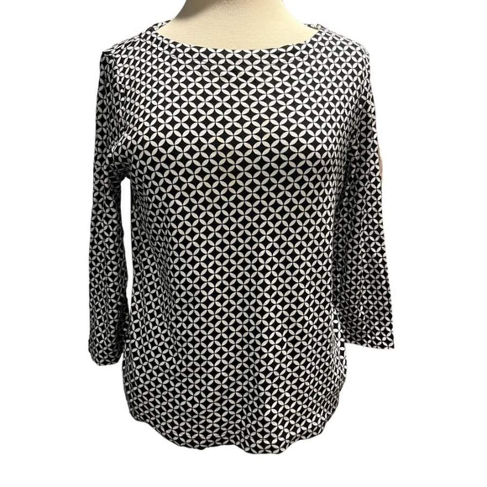 Croft & Barrow Womens PM Black White Print 3/4 Sleeve Cotton Top PM #363